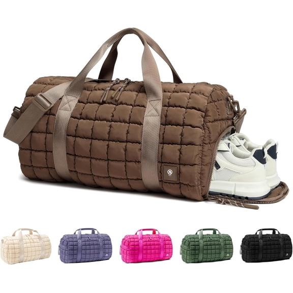 Quilted Gym Bag for Women,Duffle Bag for Travel with Wet Pocket,Carry on Weekender Bags for Women,Travel Bag with Shoe Compartment(Brown)