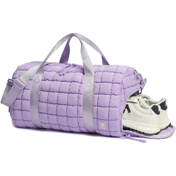 Quilted Gym Bag for Women,Duffle Bag for Travel with Wet Pocket,Carry on Weekender Bags for Women,Travel Bag with Shoe Compartment (Light purple)