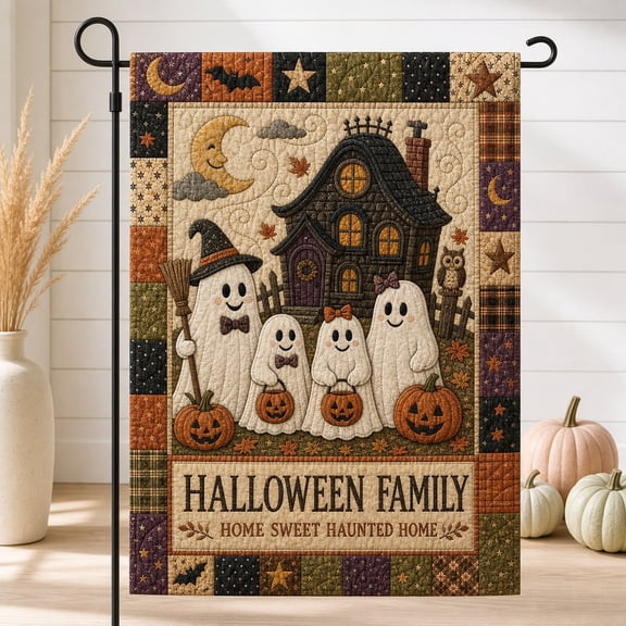 Quilted Halloween Garden Flag, Ghost Pumpkin Yard Flag, Cute Fall Porch Decor, Patchwork Spooky Outdoor Flag, Halloween Porch Sign
