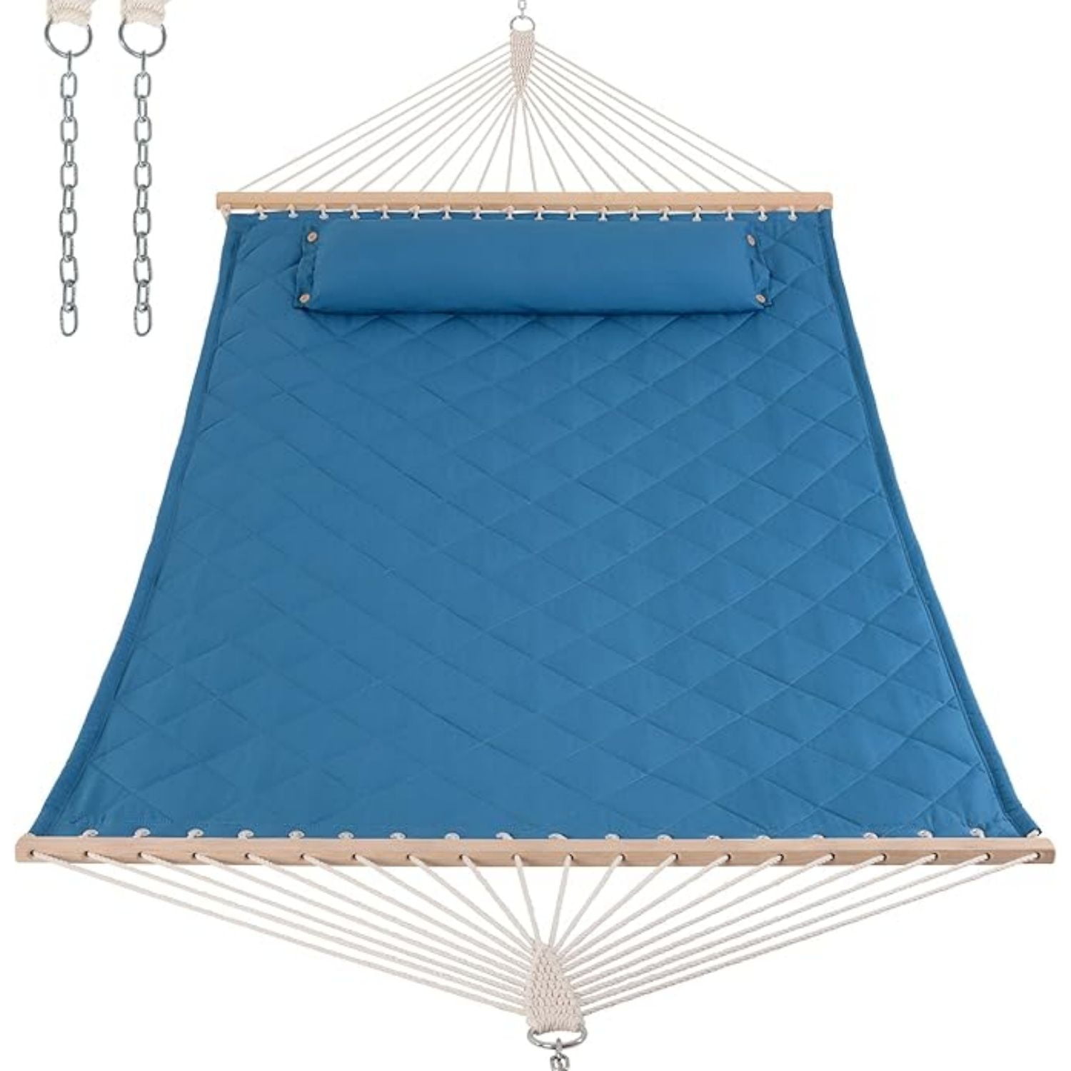 Quilted Hammock with Spreader Bars and Detachable Pillow, Large Hammock for Outdoors Indoors, 450 LBS Weight Capacity, Blue