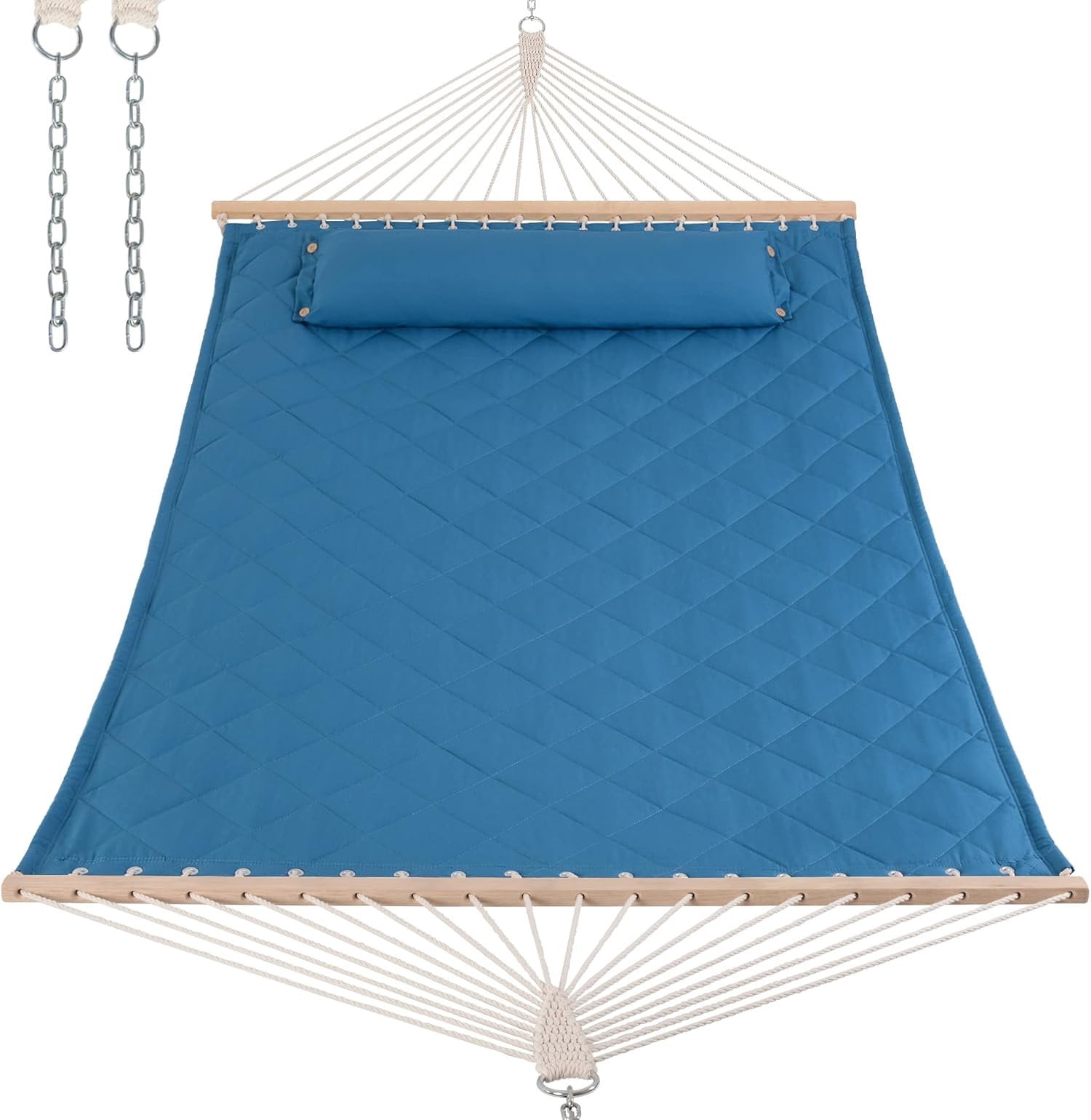 Quilted Hammock with Spreader Bars and Detachable Pillow, Large Hammock for Outdoors Indoors, 450 LBS Weight Capacity, Blue