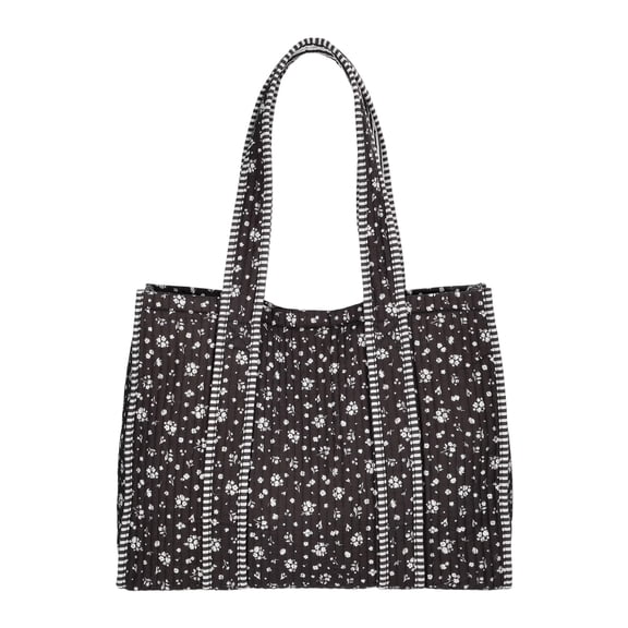 Quilted Hand printed Reversible Large Multicolor Embroidered Tote Bag, Floral/checked Pattern Handbags for Women, Block Printed Tote Bag Women Handbag, Black Ditsy