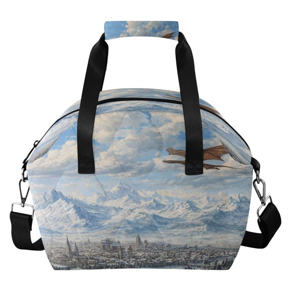 Quilted Handheld Insulated Lunch Bag, Food-Grade EVA Liner Leakproof Portable Crossbody Bento Bag for Students Office Workers Dragon Flying Medieval Town