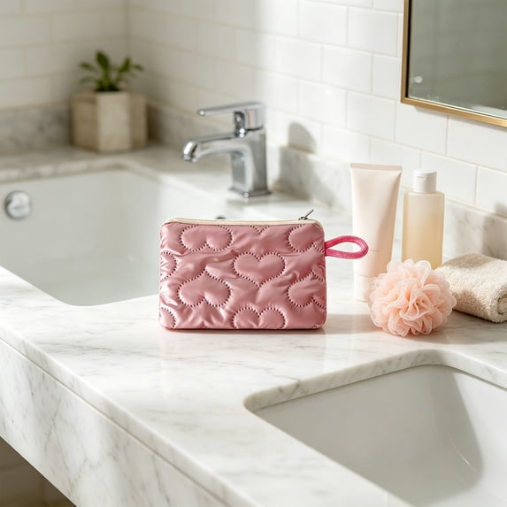 Quilted Heart Makeup Pouch, Small Beauty Pouch for Purse, Light Coin Purse and Travel Organizer for Earphones and Lipsticks