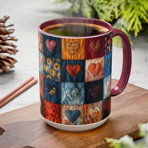 Quilted Heart Pattern Coffee Mug 15oz Ceramic Tea Cup with Rustic Patchwork Design Colorful Valentines Day Gift, Anniversary Present, or Cozy Farmhouse Kitchen Decor for Home and Office