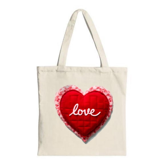 Quilted Heart Tote Bag - Soft Fabric Cursive ' Love ' Surrounded by Red Hearts Perfect for Shopping Travel & Parties