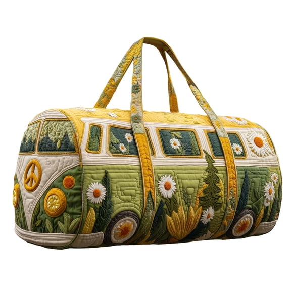 Quilted Hippie Van Duffle Bag with Adjustable Padded Strap - Hippie Van Inspired Bohemian Week with Adjustable Crossbody Strap, Construction for Gym Yoga Dance and Overnight Stays