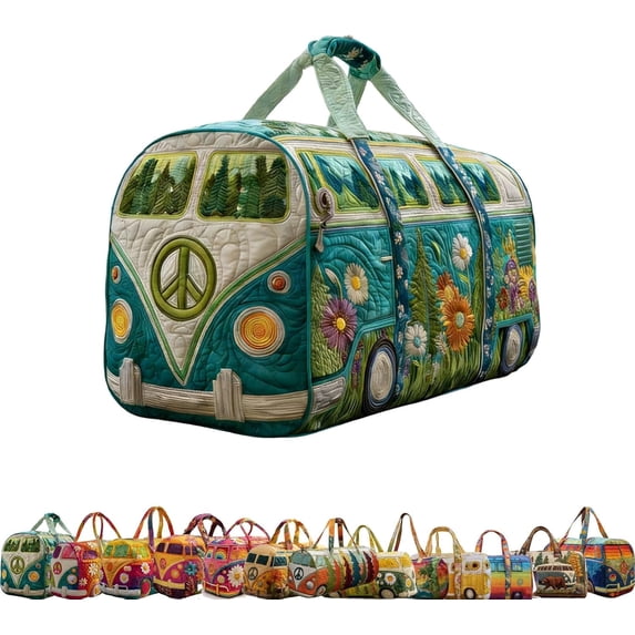 Quilted Hippie Van Duffle Bag with Adjustable Padded Strap - Hippie Van Inspired Bohemian Weekender with Adjustable Crossbody Strap, Construction for Gym Yoga Dance and Overnight Stays