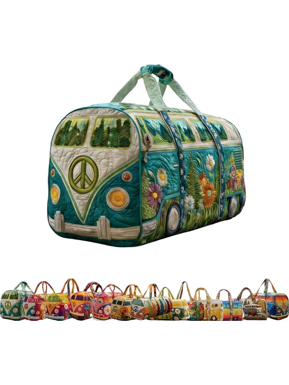Quilted Hippie Van Duffle Bag with Adjustable Padded Strap - Hippie Van Inspired Bohemian Weekender with Adjustable Crossbody Strap, Construction for Gym Yoga Dance and Overnight Stays