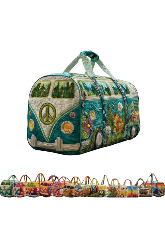 Quilted Hippie Van Duffle Bag with Adjustable Padded Strap - Hippie Van Inspired Bohemian Weekender with Adjustable Crossbody Strap, Construction for Gym Yoga Dance and Overnight Stays