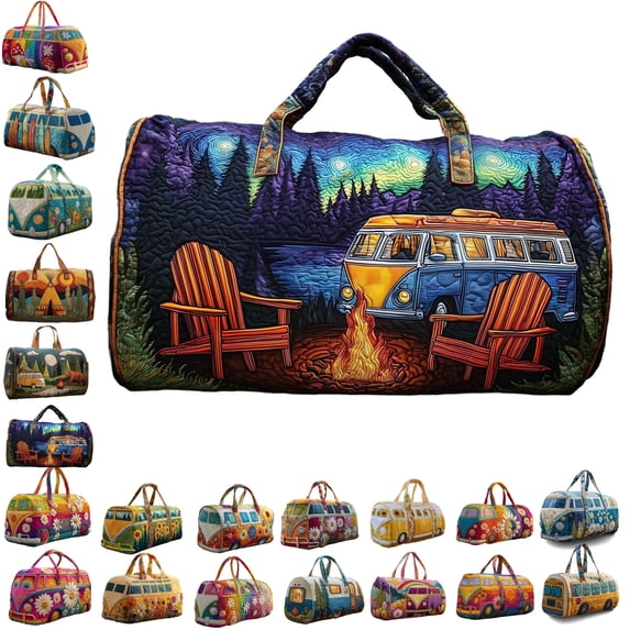 Quilted Hippie Van Duffle Bag with Adjustable Padded Strap - Hippie Van Inspired Bohemian Weekender with Adjustable Crossbody Strap, Construction for Gym Yoga Dance and Overnight Stays,D