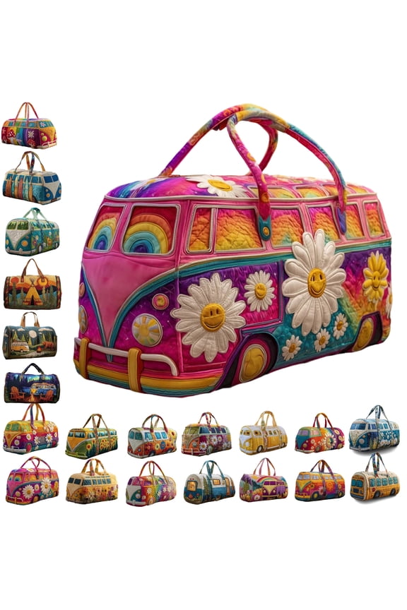 Quilted Hippie Van Duffle Bag with Adjustable Padded Strap - Hippie Van Inspired Bohemian Weekender with Adjustable Crossbody Strap, Construction for Gym Yoga Dance and Overnight Stays,U
