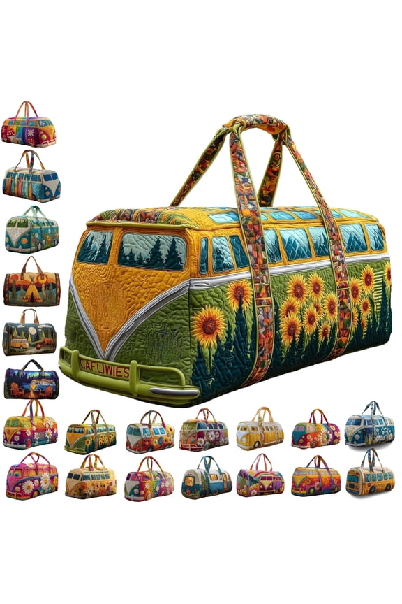 Quilted Hippie Van Duffle Bag with Adjustable Padded Strap - Large 18 Inch Weekender Travel Bag for Women, Gym Dance Yoga Overnight Festival Carryall Made from Strong Polyester Fabric,L