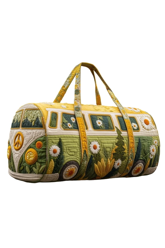 Quilted Hippie Van Duffle Bag with Adjustable Padded Strap - Large Capacity Bohemian Travel Weekender Bag for Gym, Yoga, Festival, and Overnight Trips, Artistic Patchwork Carryall Tote Made