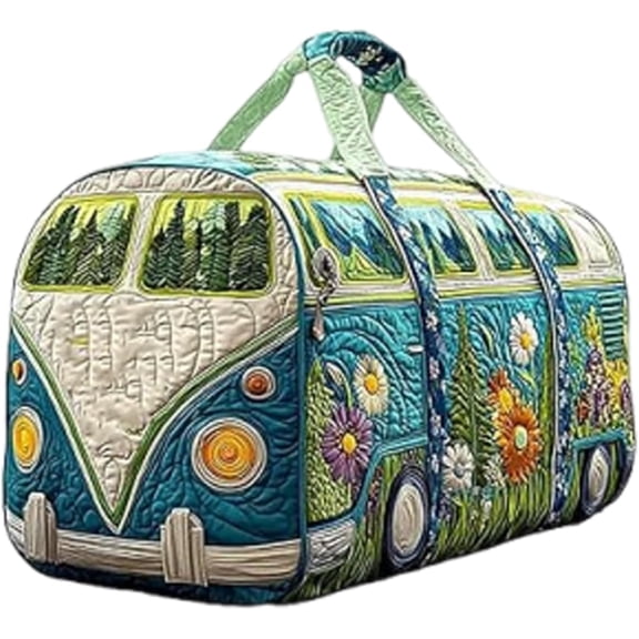 Quilted Hippie Van Duffle Bag with Adjustable Padded Strap - Large Duffle with Adjustable Padded Shoulder Strap, Travel Gym Yoga Festival Bag for Women, Spacious Bohemian Carryall Tote