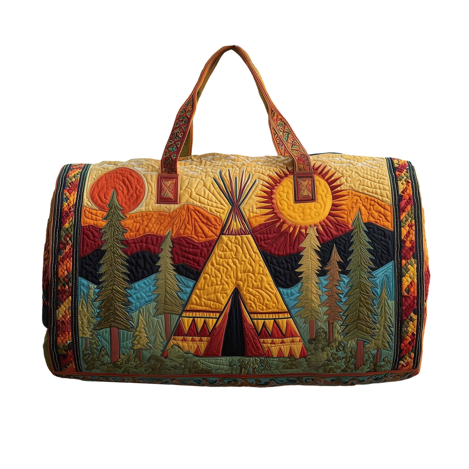 Quilted Hippie Van Duffle Bag with Adjustable Strap - Large Bohemian Travel Tote for Yoga Festival Gym Workout, Artistic Patchwork Carryall for Dance & Overnight Trips