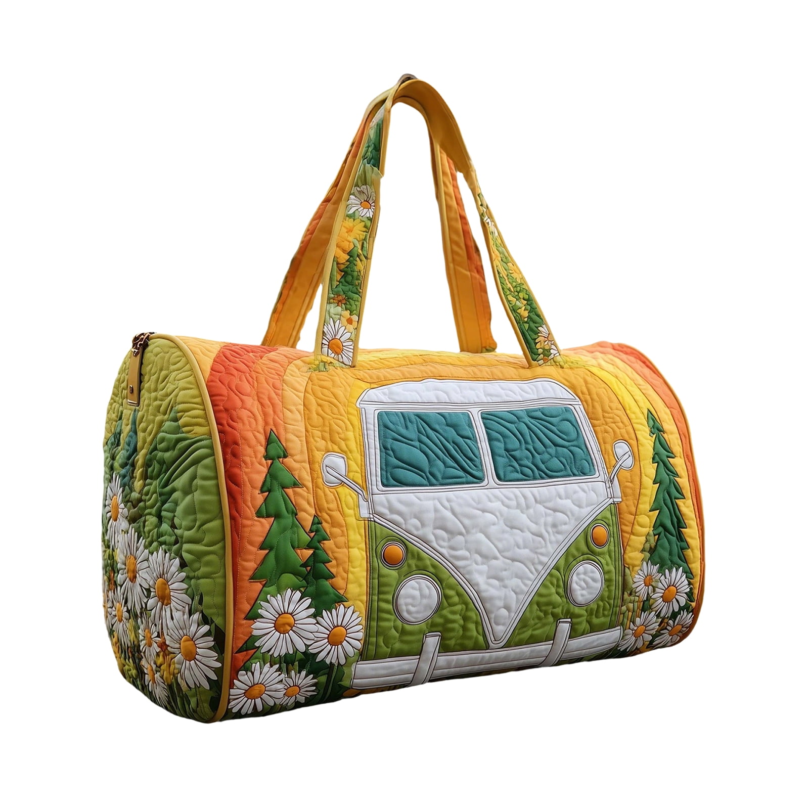 Quilted Hippie Van Duffle Bag with Adjustable Strap - Large Bohemian Travel Tote for Yoga Festival Gym Workout, Artistic Patchwork Carryall for Dance & Overnight Trips