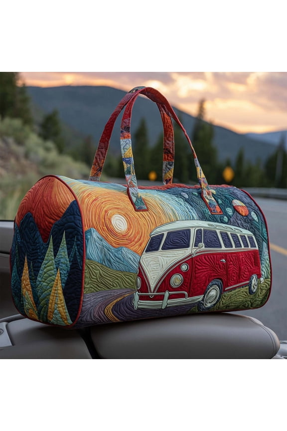 Quilted Hippie Van Duffle Bag with Adjustable Strap - Large Bohemian Travel Tote for Yoga Festival Gym Workout, Artistic Patchwork Carryall for Dance & Overnight Trips