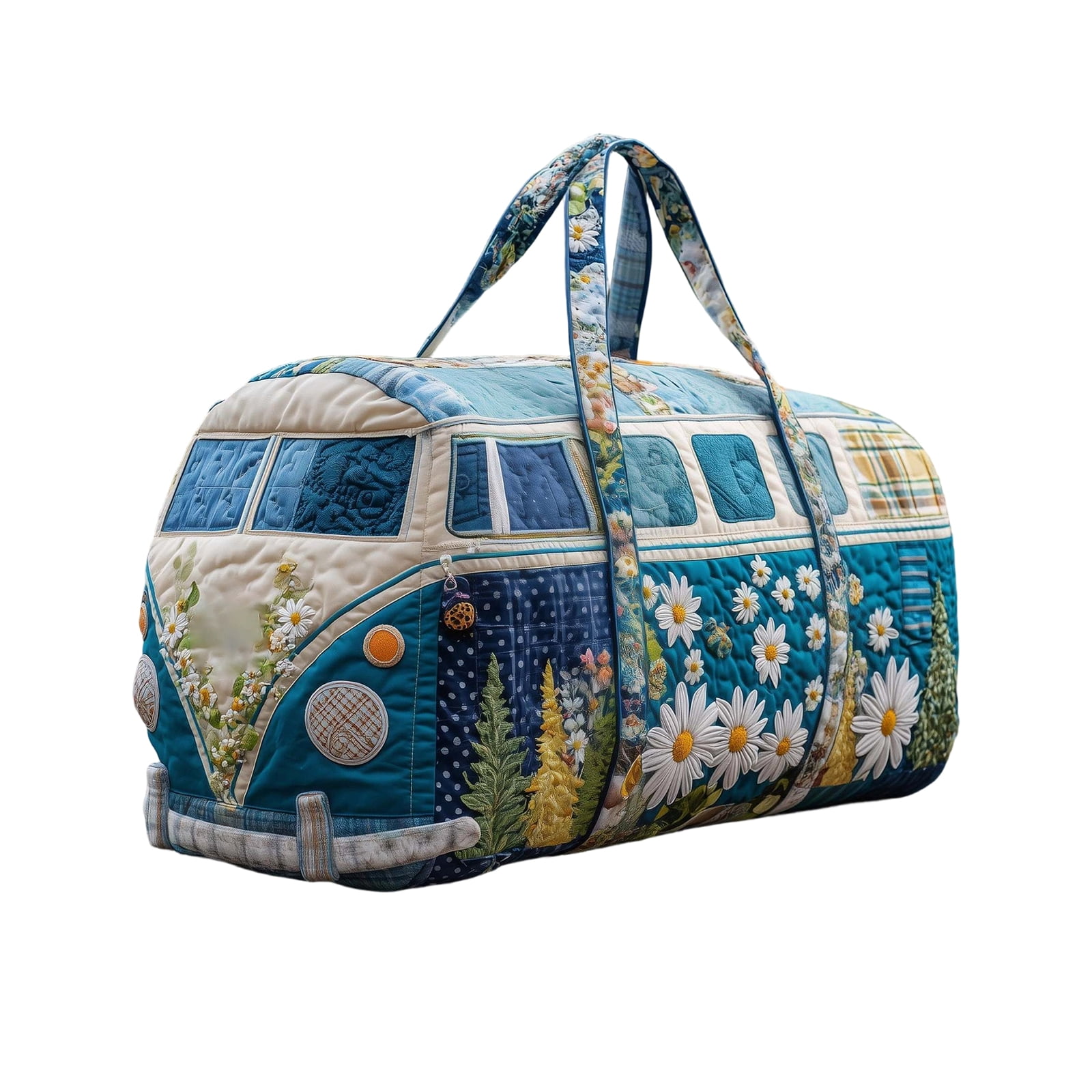 Quilted Hippie Van Duffle Bag with Adjustable Strap - Large Bohemian Travel Tote for Yoga Festival Gym Workout, Artistic Patchwork Carryall for Dance & Overnight Trips