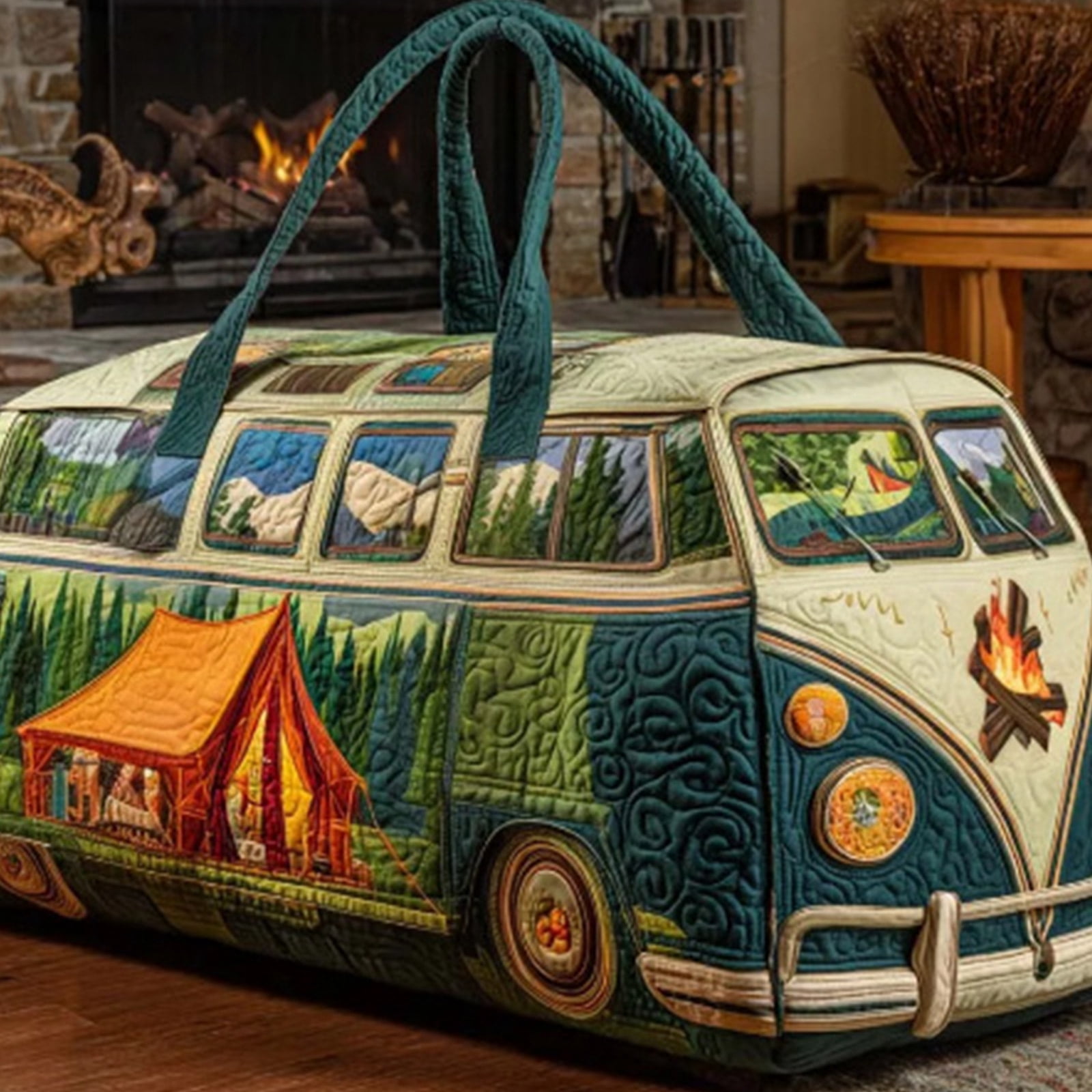 Quilted Hippie Van Duffle Bag with Adjustable Strap - Large Bohemian Travel Tote for Yoga Festival Gym Workout, Artistic Patchwork Carryall for Dance & Overnight Trips