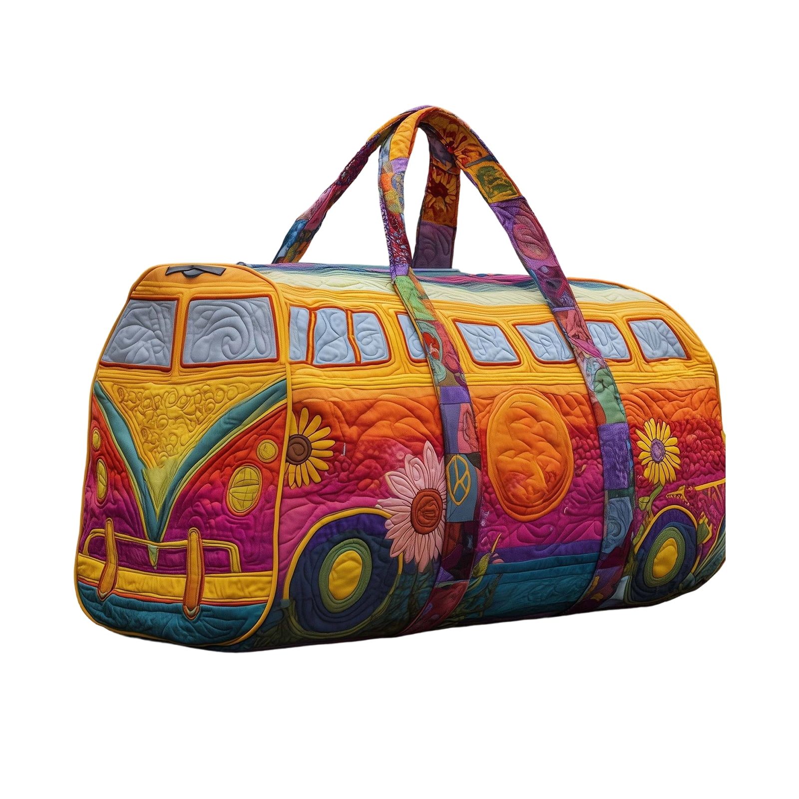 Quilted Hippie Van Duffle Bag with Adjustable Strap - Large Bohemian Travel Tote for Yoga Festival Gym Workout, Artistic Patchwork Carryall for Dance & Overnight Trips