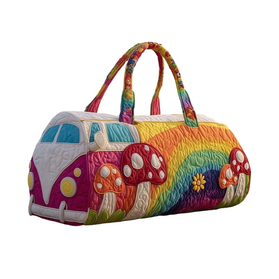 Quilted Hippie Van Duffle Bag with Adjustable Strap - Large Bohemian Travel Tote for Yoga Festival Gym Workout, Artistic Patchwork Carryall for Dance & Overnight Trips