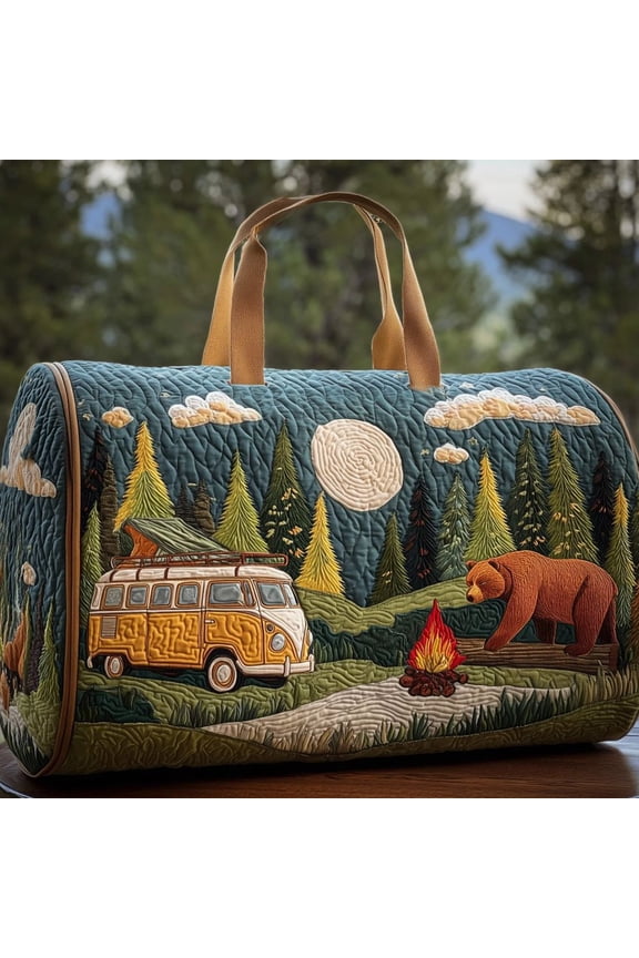 Quilted Hippie Van Duffle Bag with Adjustable Strap - Large Bohemian Travel Tote for Yoga Festival Gym Workout, Artistic Patchwork Carryall for Dance & Overnight Trips