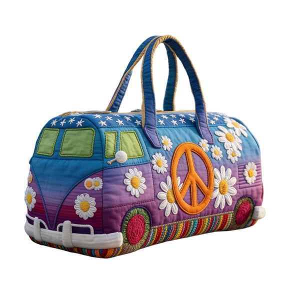 Quilted Hippie Van Duffle Bag with Adjustable Strap - Large Capacity Bohemian Travel Gym Bag for Dance, Yoga, Workout, Festival, and Overnight Trips, Artistic Patchwork Carryall Tote (18*9*9Inch, K)