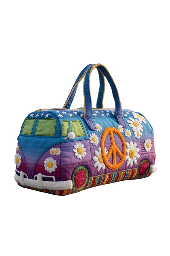 Quilted Hippie Van Duffle Bag with Adjustable Strap - Large Capacity Bohemian Travel Gym Bag for Dance, Yoga, Workout, Festival, and Overnight Trips, Artistic Patchwork Carryall Tote (16*8*8Inch, K)