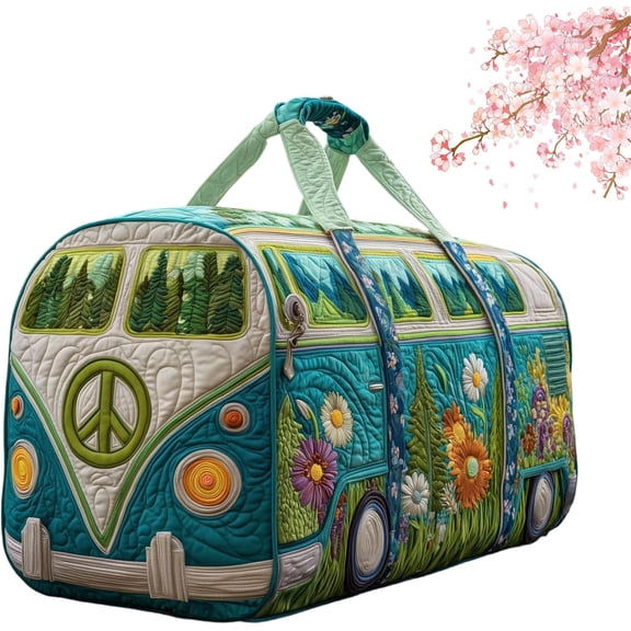 Quilted Hippie Van Duffle Bag with Adjustable Strap - Large Capacity Bohemian Travel Gym Bag for Dance, Yoga, Workout, Festival, and Overnight Trips, Artistic Patchwork Carryall Tote