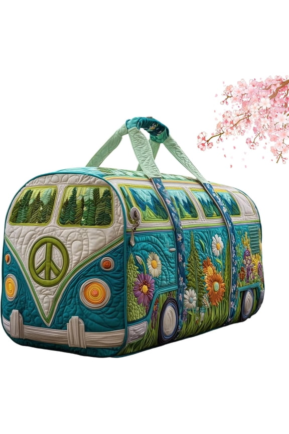 Quilted Hippie Van Duffle Bag with Adjustable Strap - Large Capacity Bohemian Travel Gym Bag for Dance, Yoga, Workout, Festival, and Overnight Trips, Artistic Patchwork Carryall Tote