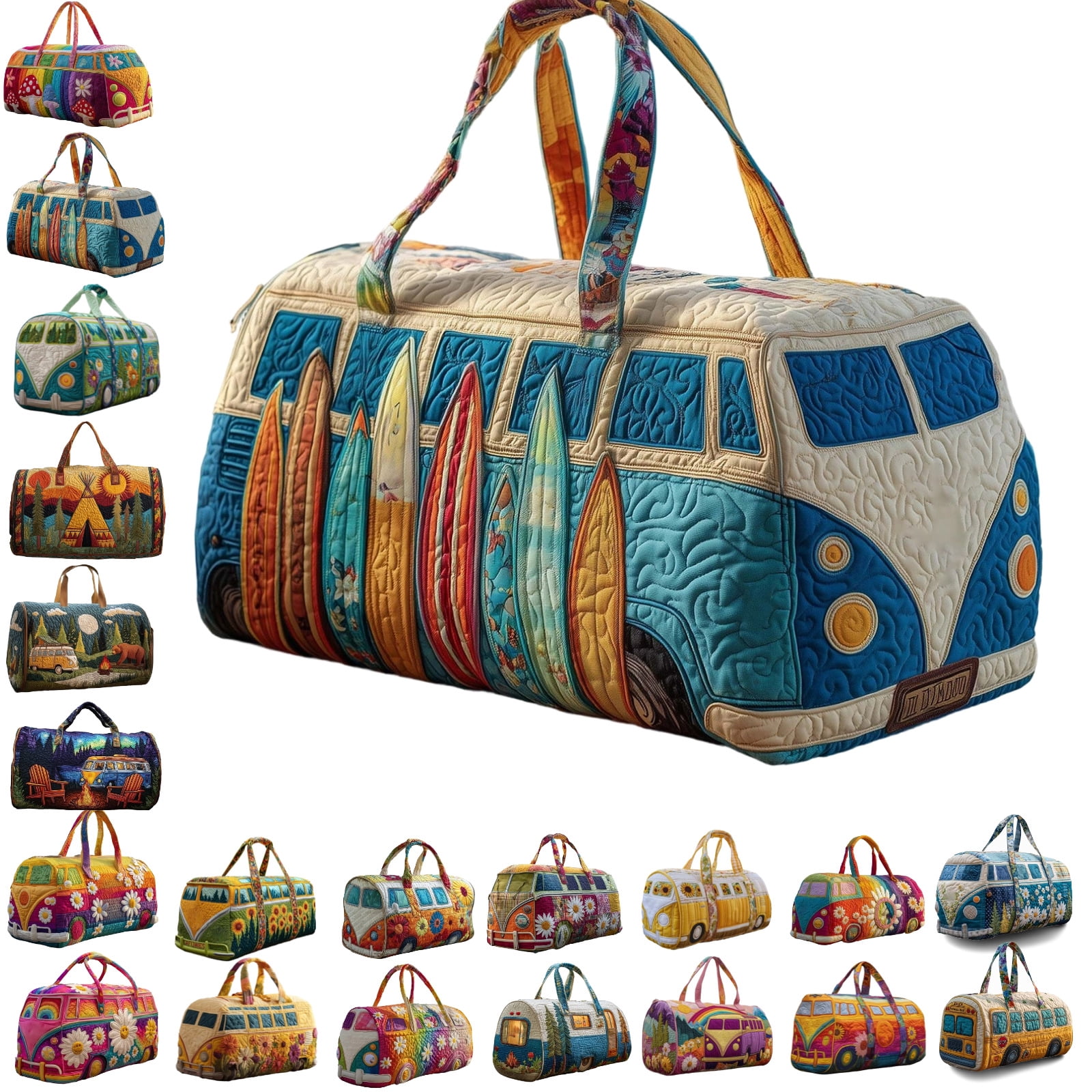 Quilted Hippie Van Duffle Bag with Adjustable Strap, Medium 18-inch Bohemian Weekender Bag for Travel, Durable Polyester Quilted Carryall for Gym Yoga Dance,B