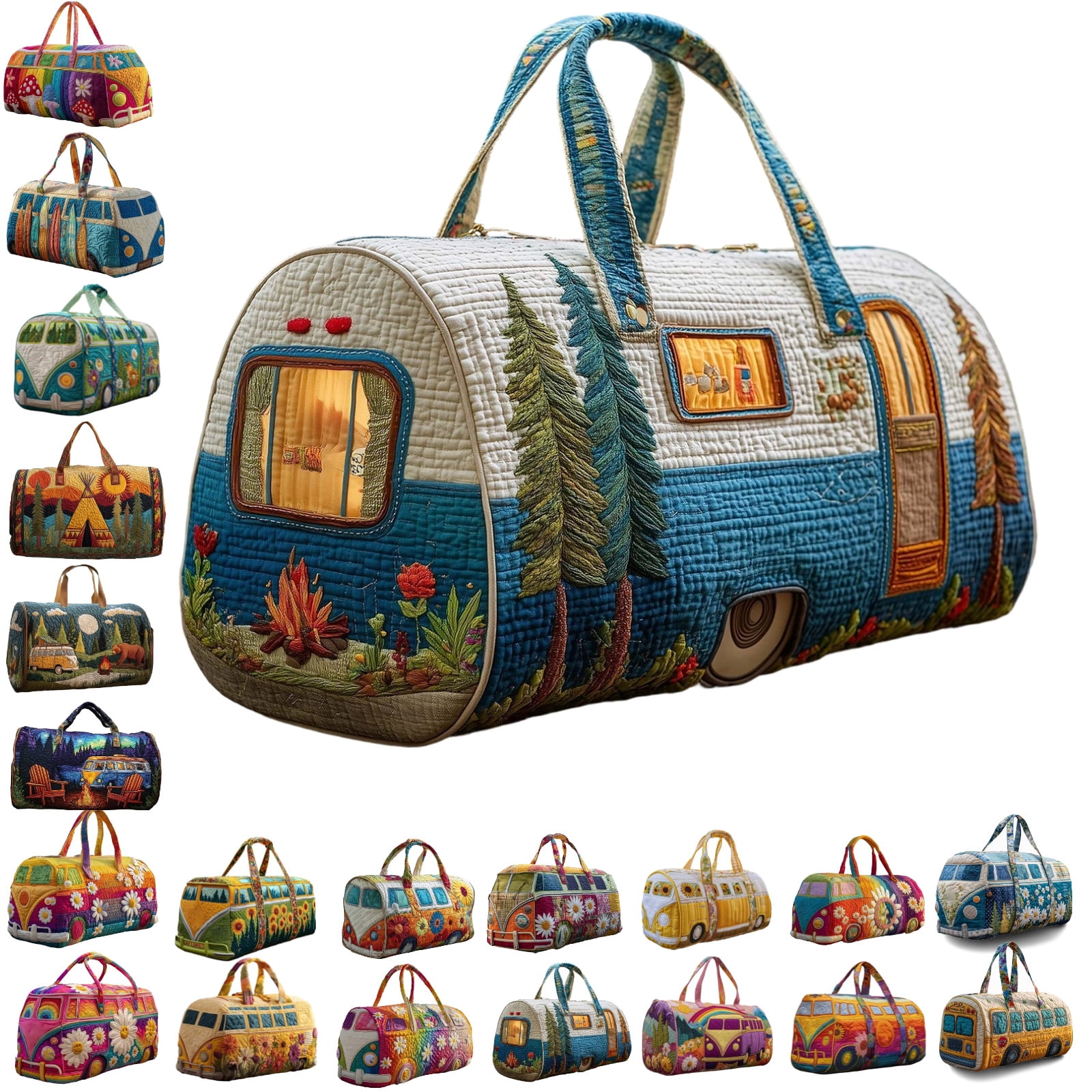 Quilted Hippie Van Duffle Bag with Adjustable Strap, Medium 18-inch Bohemian Weekender Bag for Travel, Durable Polyester Quilted Carryall for Gym Yoga Dance,C