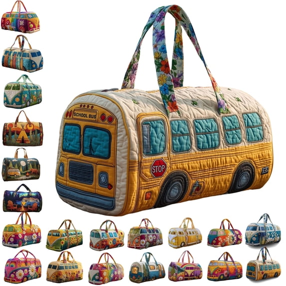 Quilted Hippie Van Duffle Bag with Adjustable Strap, Medium 18-inch Bohemian Weekender Bag for Travel, Durable Polyester Quilted Carryall for Gym Yoga Dance,Q