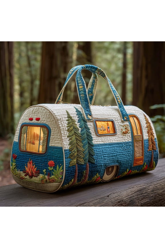 Quilted Hippie Van Duffle Bag with Adjustable Strap, Medium 18-inch Bohemian Weekender Bag for Travel, Durable Polyester Quilted Carryall for Gym Yoga Dance