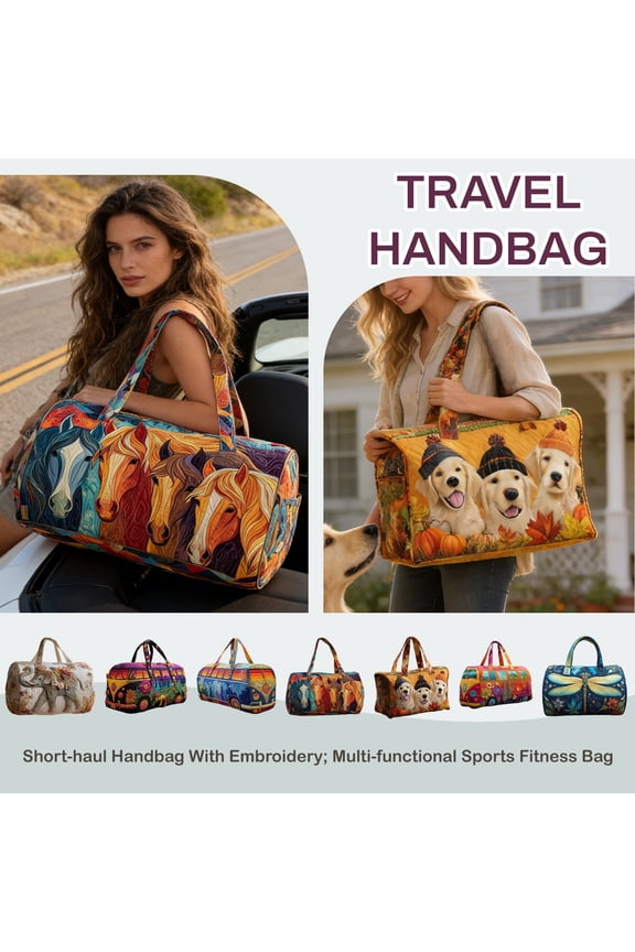 Quilted Hippie Van Duffle Bag Medium 16" Bohemian Weekender Bag for Travel with Adjustable Padded Strap Vintage Van Design Spacious Bohemian Carryall Tote for Daily Use