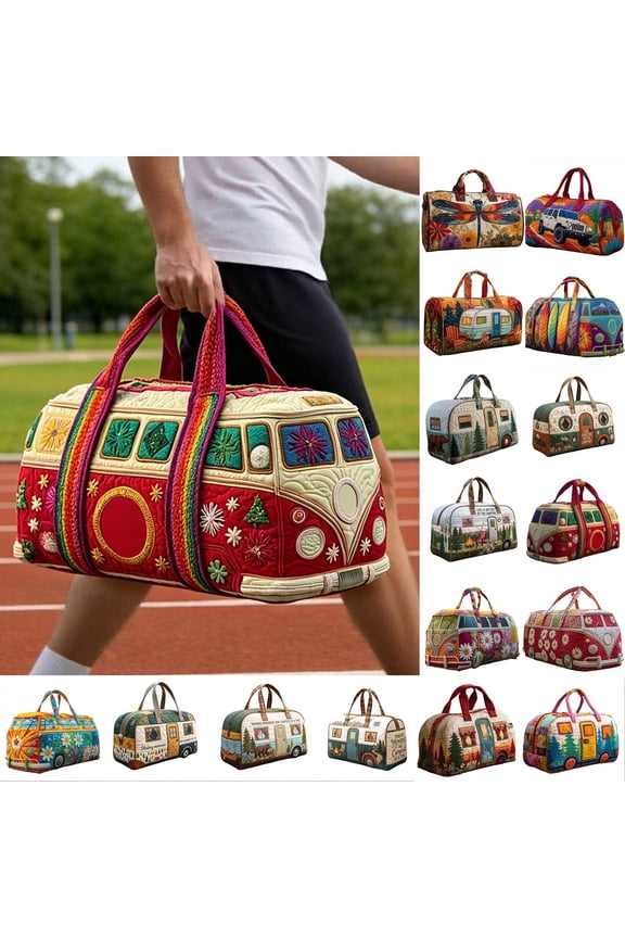 Quilted Hippie Van Duffle Bag With Strap - Weekender Bags For Women Men, Travel Duffle Bag Carry On Large Capacity Bohemian Travel Weekender Bag For Gym, Yoga,Party,Overnight Trips, Beach Tote Medium