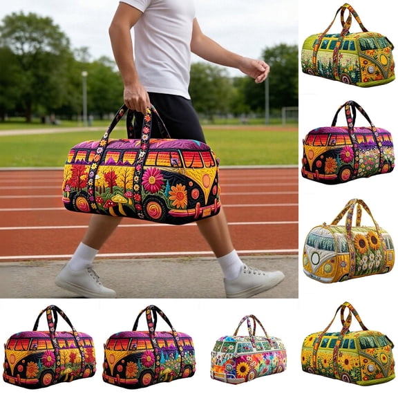 Quilted Hippie Van Duffle Bag With Strap - Weekender Bags For Women Men, Travel Duffle Bag Carry On Large Capacity Bohemian Travel Weekender Bag For Gym, Yoga,Party,Overnight Trips, Beach Tote Large