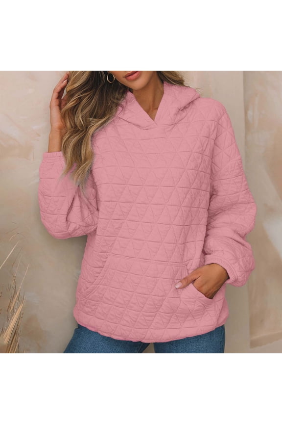 Quilted Hoodies for Women with Front Pockets Pullover Sweatshirts Ladies Casual Long Sleeve Solid Loose Thick Warm Hooded Tops