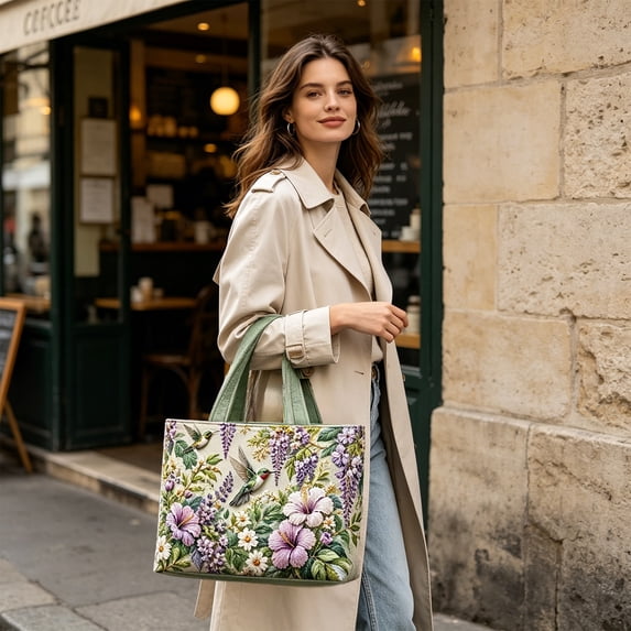 Quilted Hummingbird Floral Tote Bag 43x40cm,Embossed Flower Bird Print Handbag,Large Capacity Reusable Shoulder Purse for Shopping Travel Daily Outdoor Use