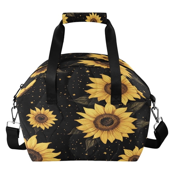 Quilted Insulated Lunch Bag Midnight Golden Sunflowers Pattern Waterproof Thermal Lunch Tote with Adjustable Shoulder Strap Leakproof Reusable Lunch Box for Work Picnic Travel