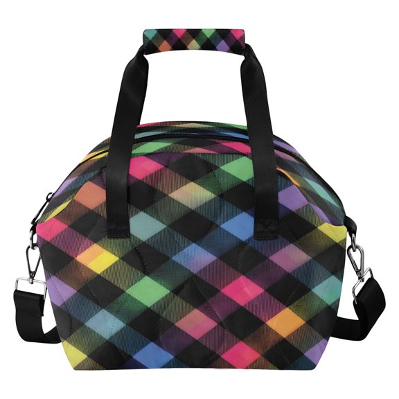 Quilted Insulated Lunch Bag Neon Rainbow Checkered Pattern Waterproof Thermal Lunch Tote with Adjustable Shoulder Strap Leakproof Reusable Lunch Box for Work Picnic Travel