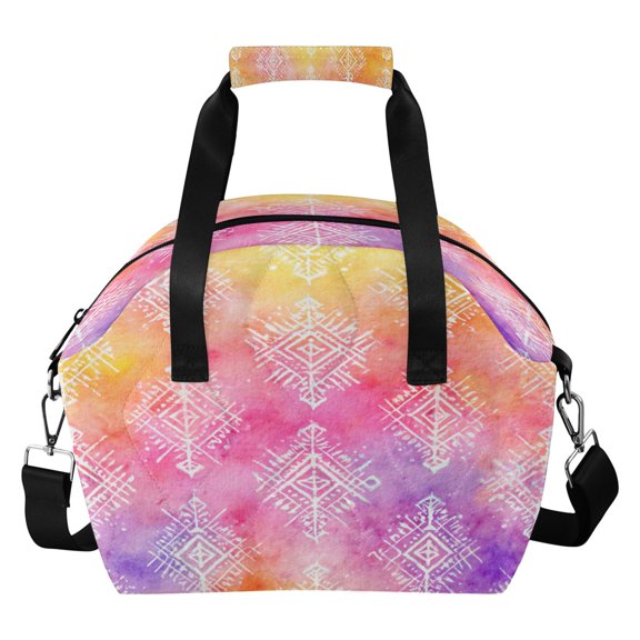 Quilted Insulated Lunch Bag Ombre Ethnic Geometric Print Waterproof Thermal Lunch Tote with Adjustable Shoulder Strap Leakproof Reusable Lunch Box for Work Picnic Travel
