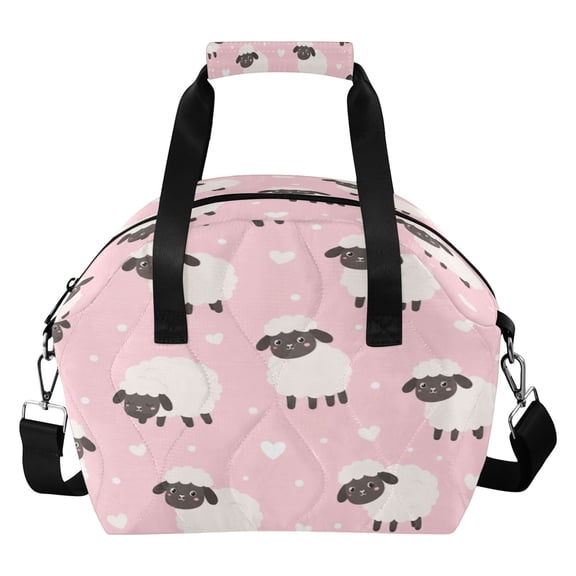 Quilted Insulated Lunch Bag Pink Fluffy Sheep Pattern Waterproof Thermal Lunch Tote with Adjustable Shoulder Strap Leakproof Reusable Lunch Box for Work Picnic Travel
