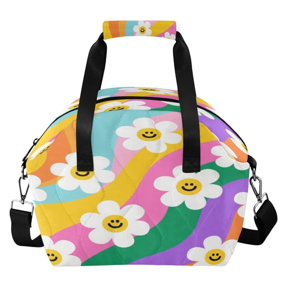 Quilted Insulated Lunch Bag Smiley Daisy on Rainbow Background Waterproof Thermal Lunch Tote with Adjustable Shoulder Strap Leakproof Reusable Lunch Box for Work Picnic Travel