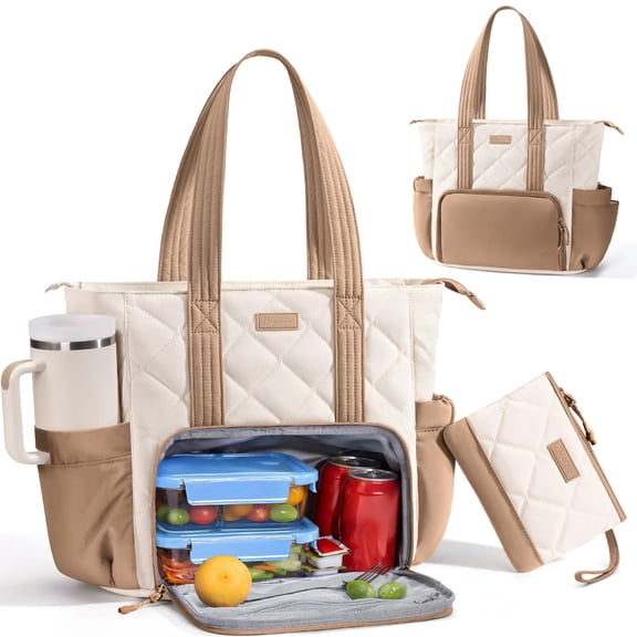 Quilted Insulated Lunch Tote for Women, 15.6” Laptop Work Bag with Insulated Lunch Compartment, Puffer Lunch Box Cooler Bag for Office Picnic Travel Teacher Nurse, Cream & Tan
