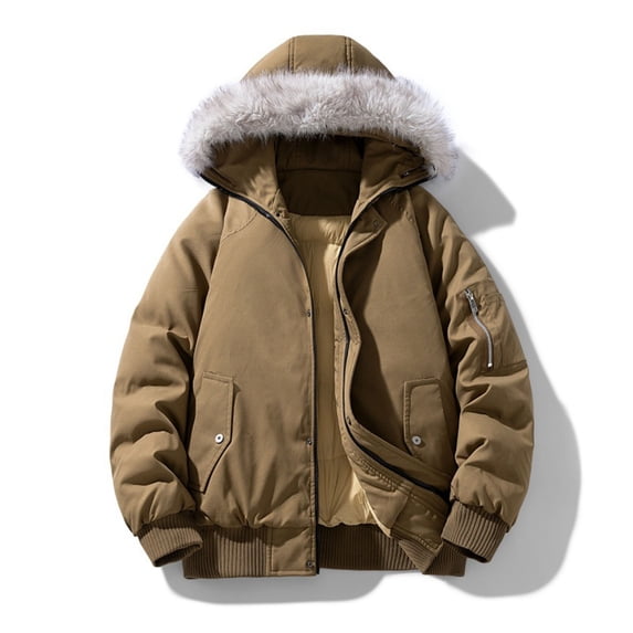 Quilted Jacket Sevevn Men's Long Sleeve Coat Stand-Up Collar Zipper Padded Jacket Outerwear With Faux Fur Hood