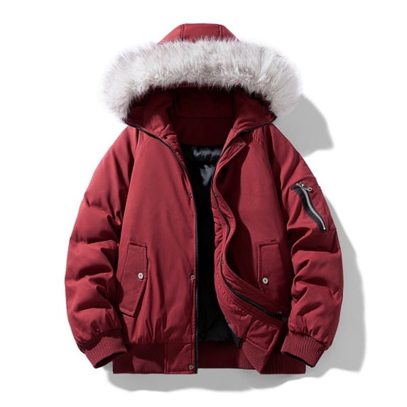 Quilted Jacket Sevevn Men's Long Sleeve Coat Stand-Up Collar Zipper Padded Jacket Outerwear With Faux Fur Hood