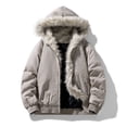 thumbnail image 1 of Quilted Jacket Sevevn Men's Long Sleeve Coat Stand-Up Collar Zipper Padded Jacket Outerwear With Faux Fur Hood, 1 of 9