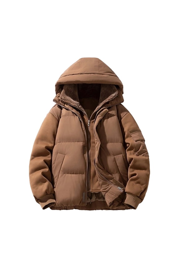 Quilted Jacket Sevevn Men's Solid Color Thick Fake Two-piece Long Sleeved Hooded Warm Jacket